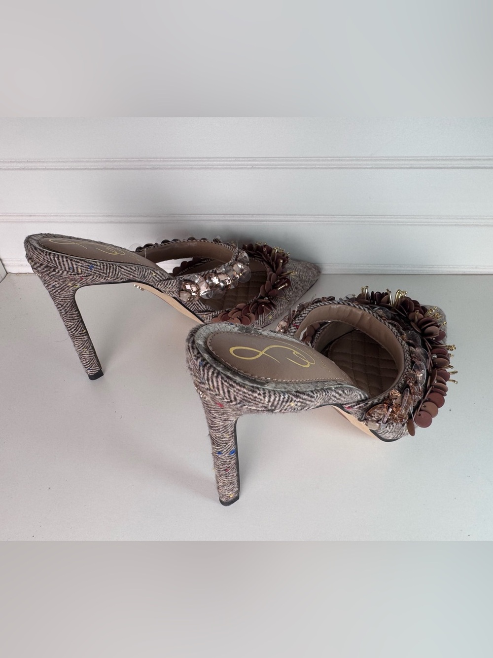 Sam Edelman Athena Brown Multi Embellished Tweed Stiletto Mules - 8 - NWOT - Picture 6 of 7